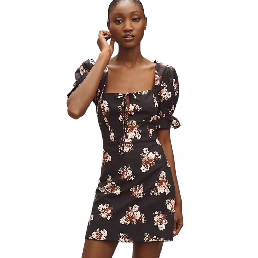 Anthropologie Maeve Floral Puff Sleeve Linen Mini Dress Black Size 2XS NWT